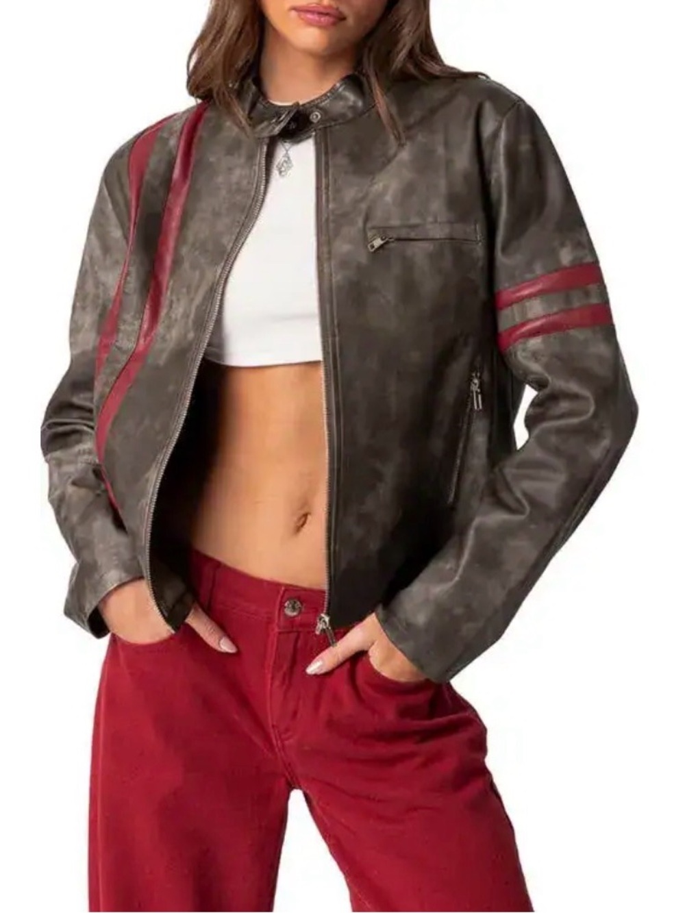 NWT Edikted Women’s Dark Gray Faux Leather Moto Jacket with Red Stripes zip Sz M